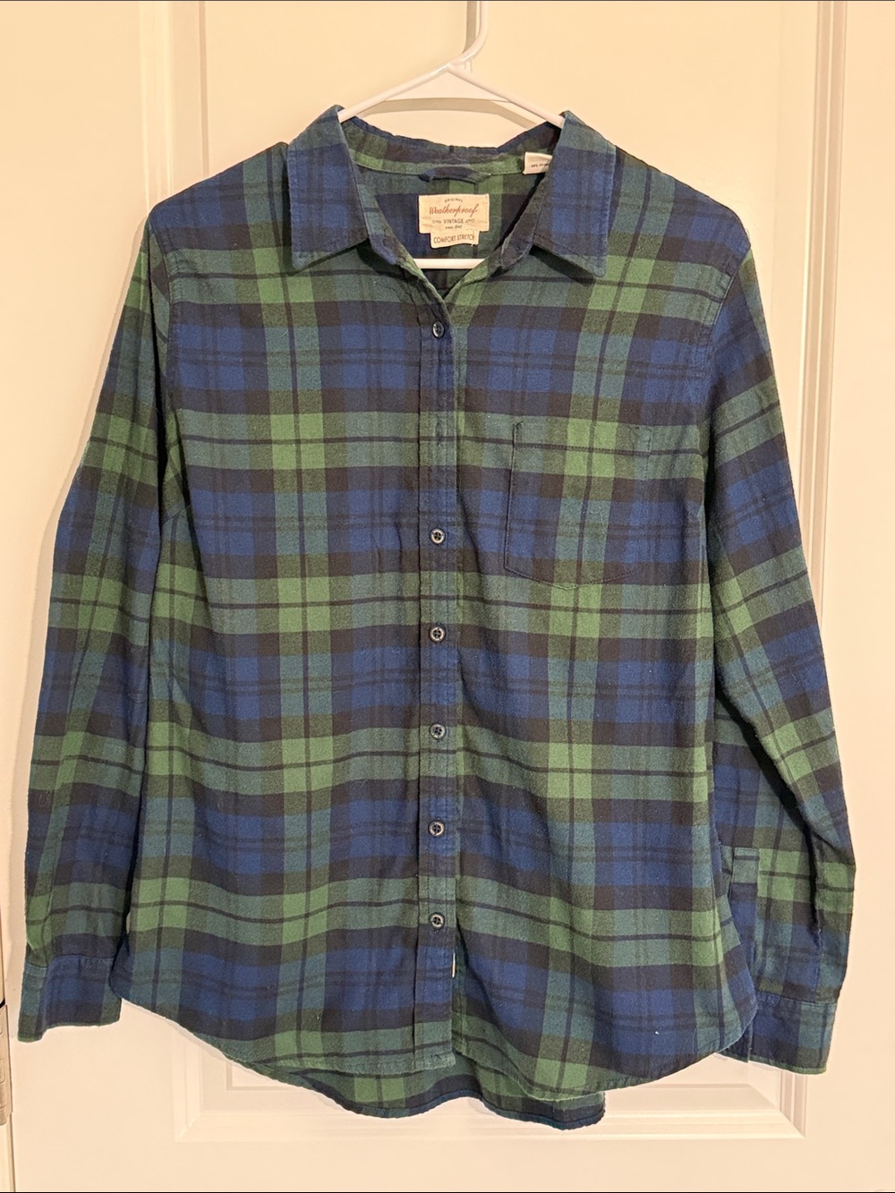 Weatherproof Vintage Comfort Stretch Plaid Flannel Shirt L Blue Green